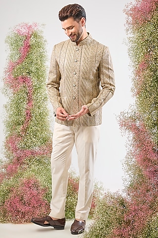 Sage Green Georgette Zari Work Bandhgala by Kasbah Clothing