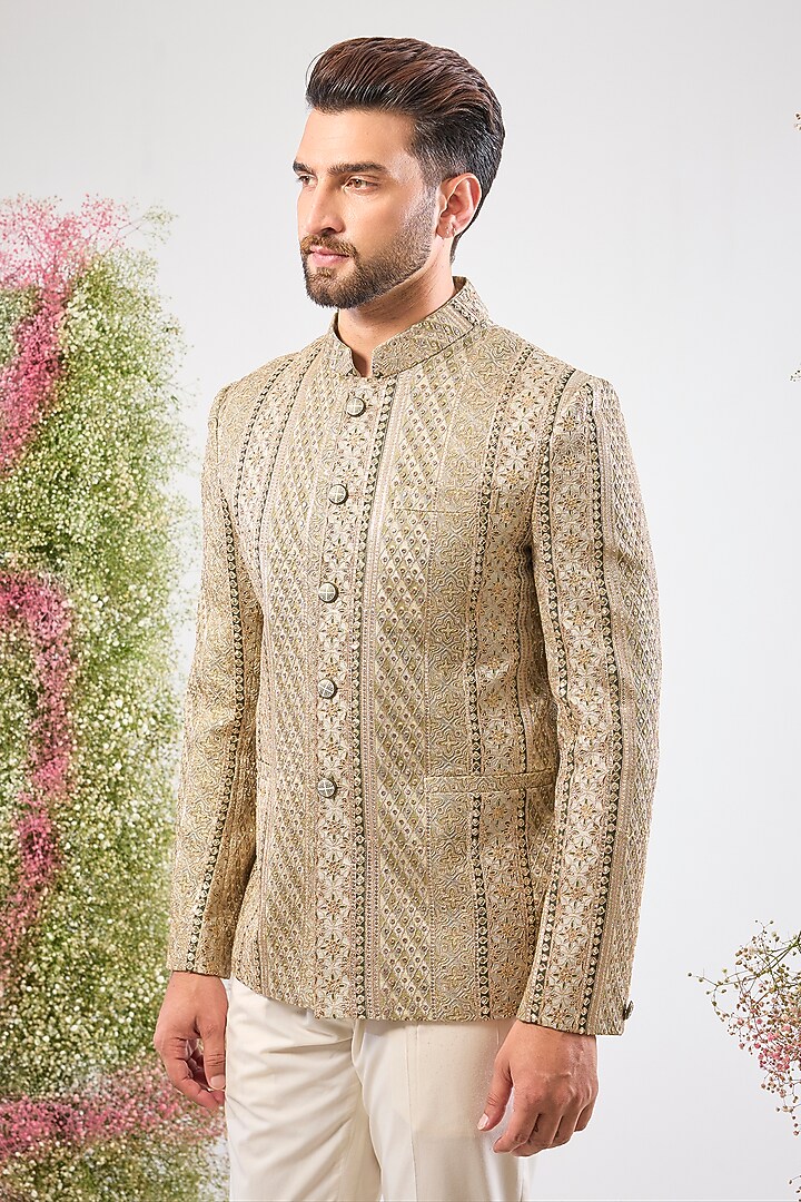 Sage Green Georgette Zari Work Wedding Bandhgala by Kasbah Clothing at Pernia's Pop Up Shop