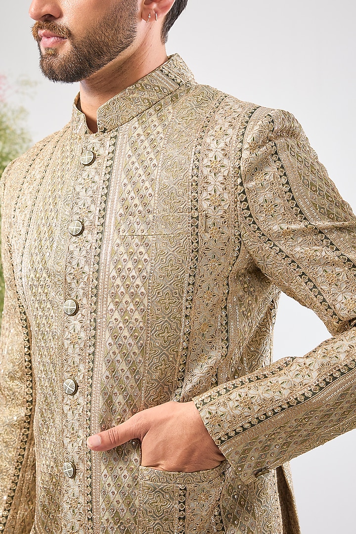 Sage Green Georgette Zari Work Wedding Bandhgala by Kasbah Clothing at Pernia's Pop Up Shop