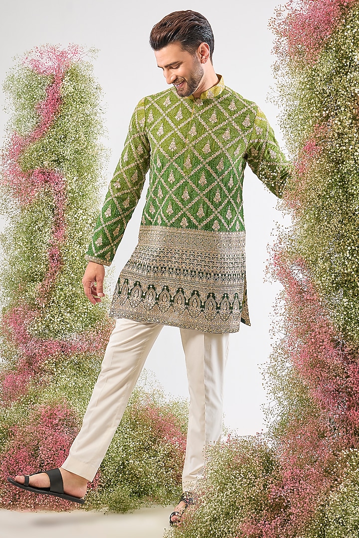 Green Georgette Bandhani Printed & Zari Work Kurta by Kasbah Clothing at Pernia's Pop Up Shop