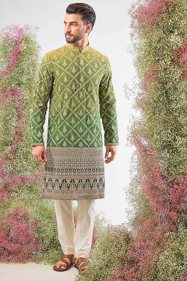 Green Georgette Bandhani Printed & Zari Work Kurta by Kasbah Clothing at Pernia's Pop Up Shop