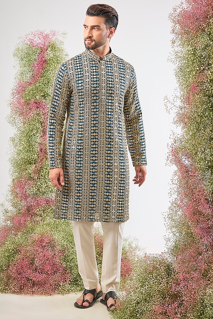 Green Georgette Mirror & Zari Work Kurta by Kasbah Clothing at Pernia's Pop Up Shop