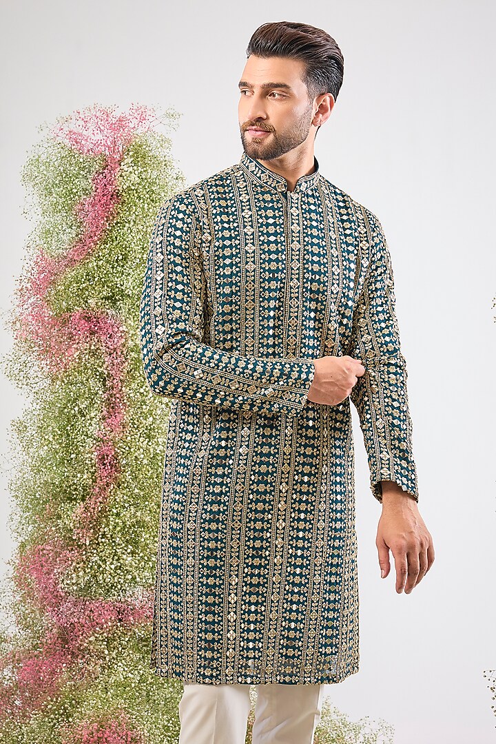 Green Georgette Mirror & Zari Work Kurta by Kasbah Clothing at Pernia's Pop Up Shop