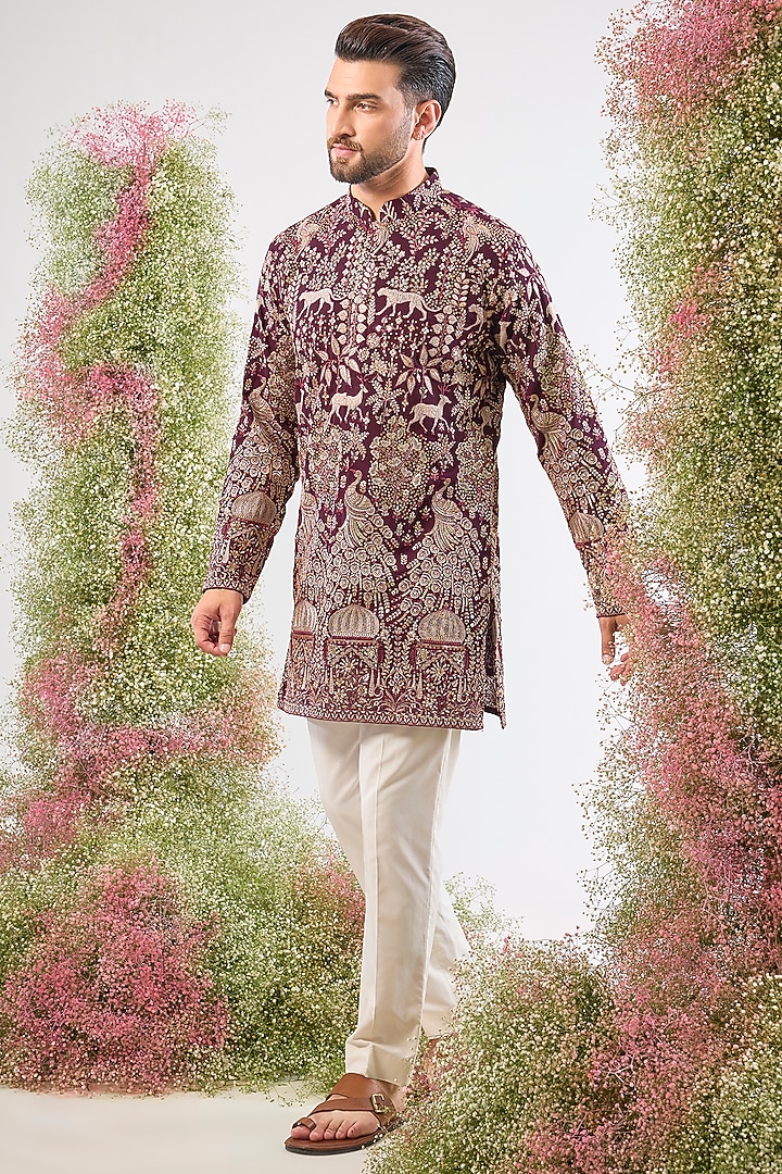 Wine Georgette Sequin & Zari Embroidered Short Kurta by Kasbah Clothing at Pernia's Pop Up Shop