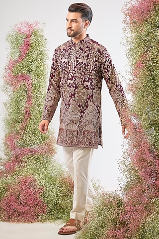 Wine Georgette Sequin & Zari Embroidered Short Kurta by Kasbah Clothing