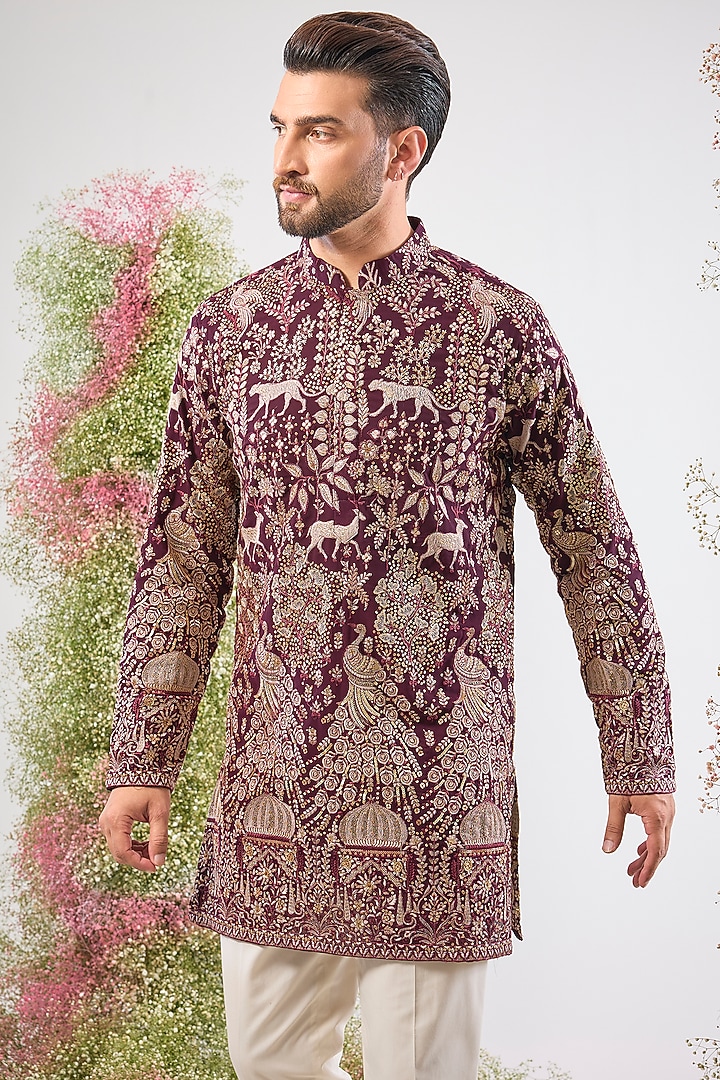 Wine Georgette Sequin & Zari Embroidered Short Kurta by Kasbah Clothing at Pernia's Pop Up Shop