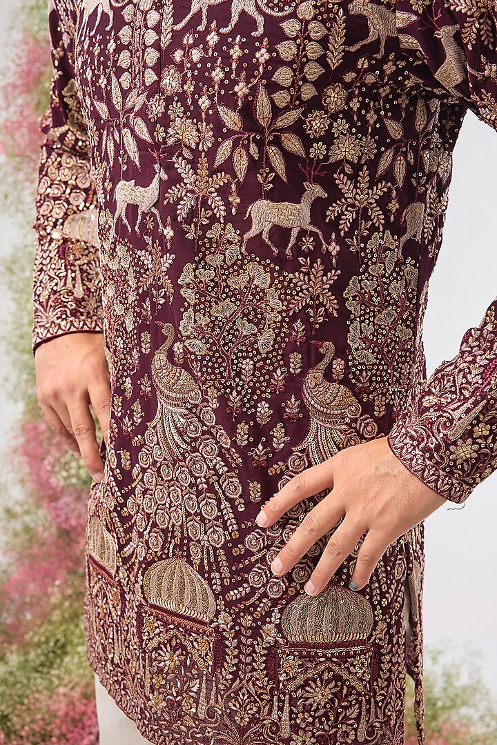 Wine Georgette Sequin & Zari Embroidered Short Kurta by Kasbah Clothing at Pernia's Pop Up Shop