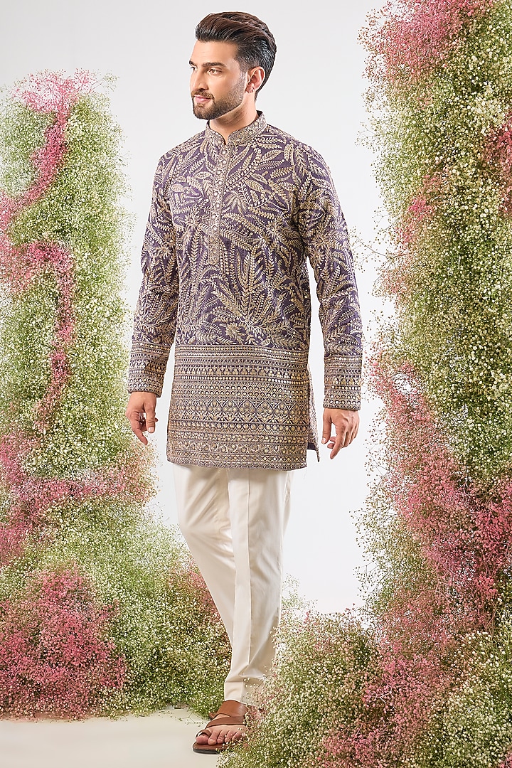 Purple Mauve Silk Floral Embroidered Short Kurta by Kasbah Clothing at Pernia's Pop Up Shop