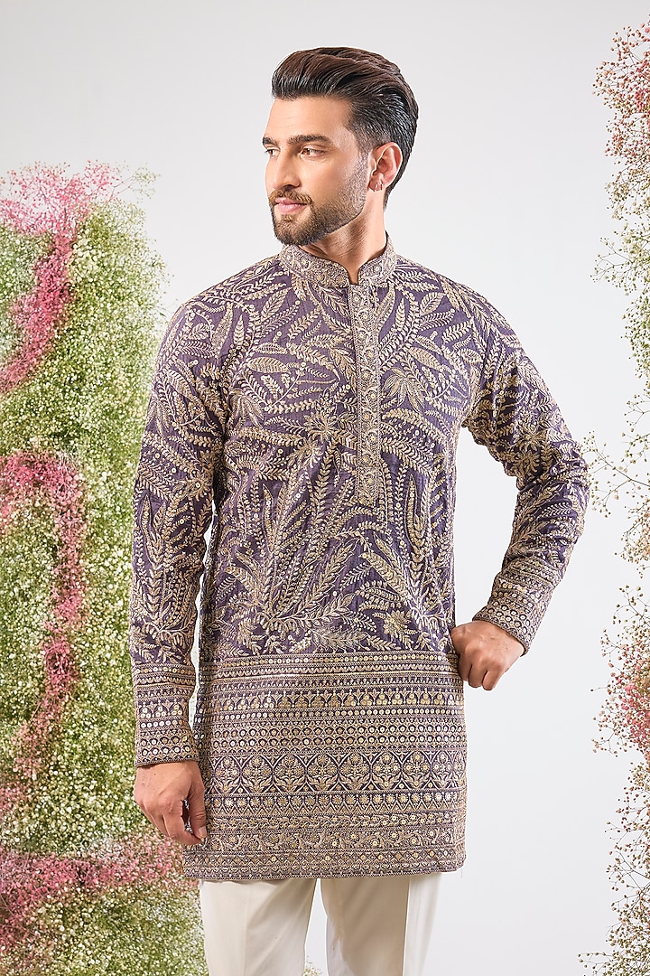 Purple Mauve Silk Floral Embroidered Short Kurta by Kasbah Clothing at Pernia's Pop Up Shop