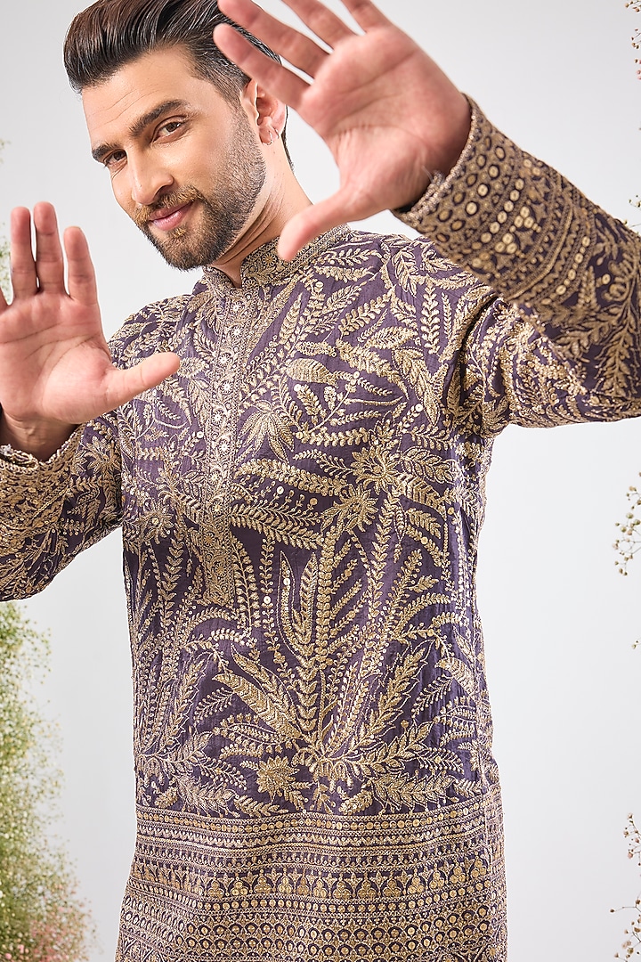 Purple Mauve Silk Floral Embroidered Short Kurta by Kasbah Clothing at Pernia's Pop Up Shop