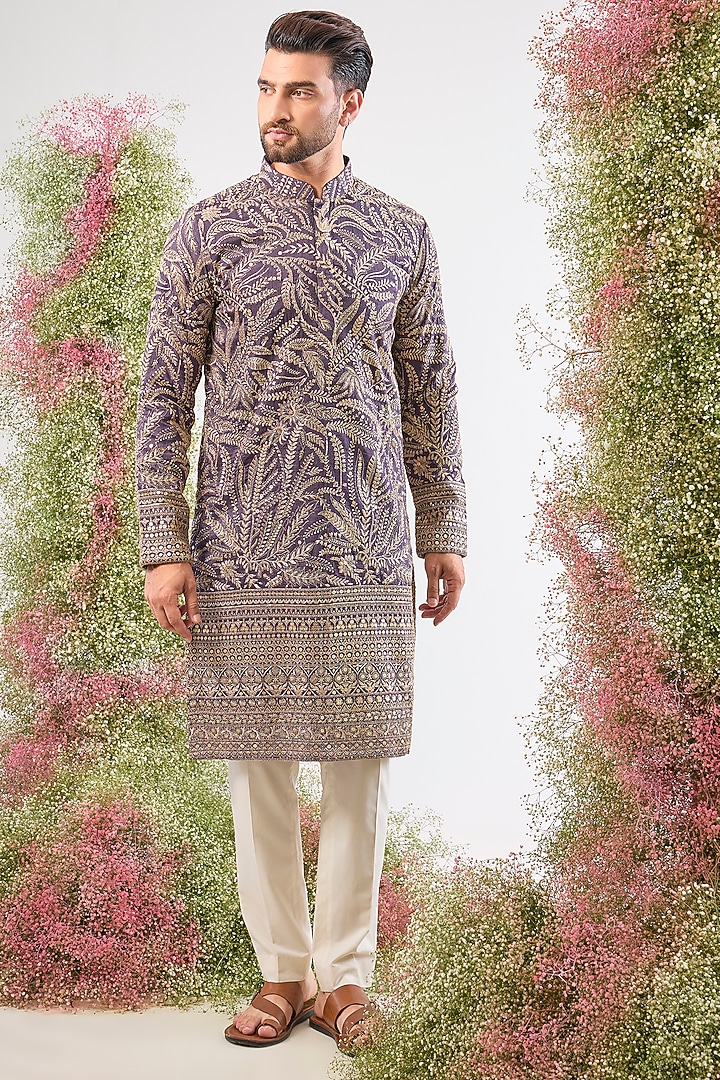 Purple Mauve Silk Floral Embroidered Kurta by Kasbah Clothing at Pernia's Pop Up Shop