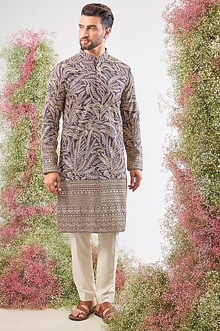 Purple Mauve Silk Floral Embroidered Kurta by Kasbah Clothing