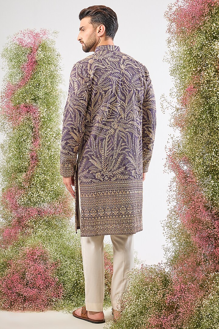 Purple Mauve Silk Floral Embroidered Kurta by Kasbah Clothing at Pernia's Pop Up Shop