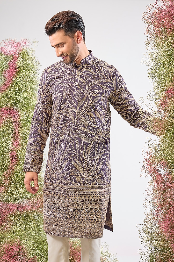 Purple Mauve Silk Floral Embroidered Kurta by Kasbah Clothing at Pernia's Pop Up Shop