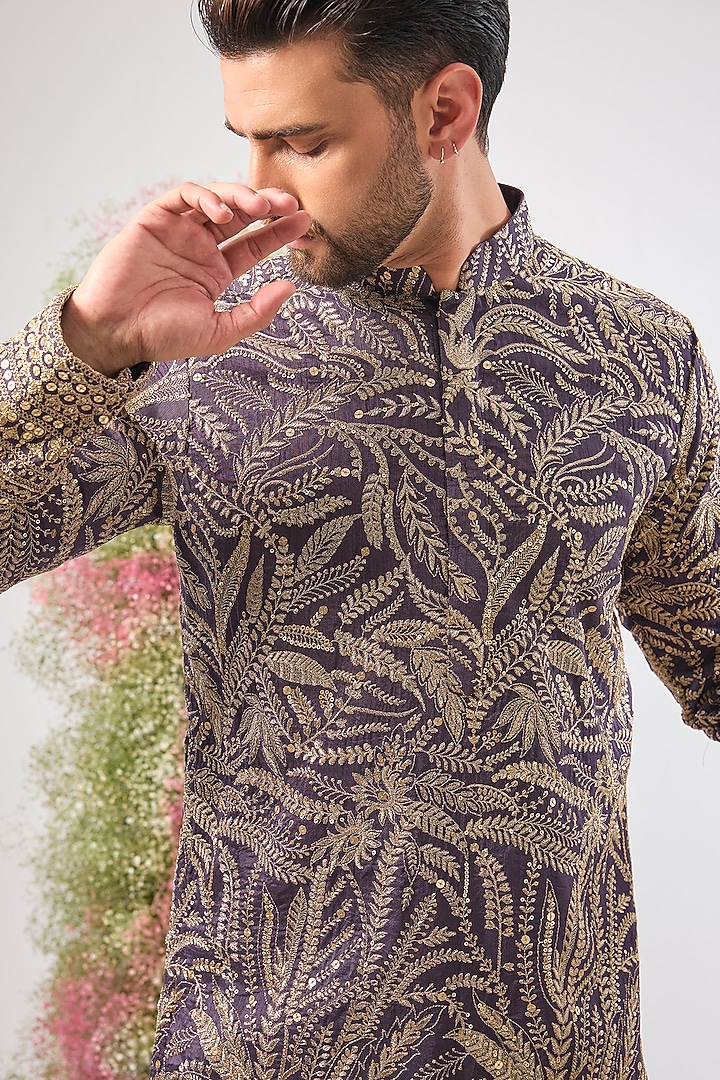 Purple Mauve Silk Floral Embroidered Kurta by Kasbah Clothing at Pernia's Pop Up Shop