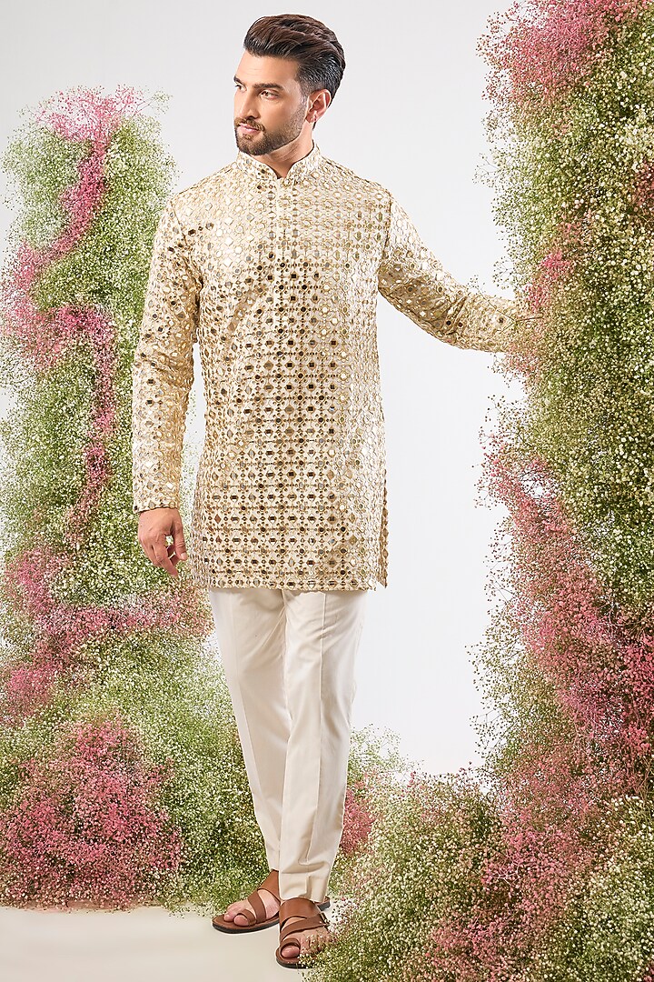 Beige Georgette Mirror Work Short Kurta by Kasbah Clothing at Pernia's Pop Up Shop