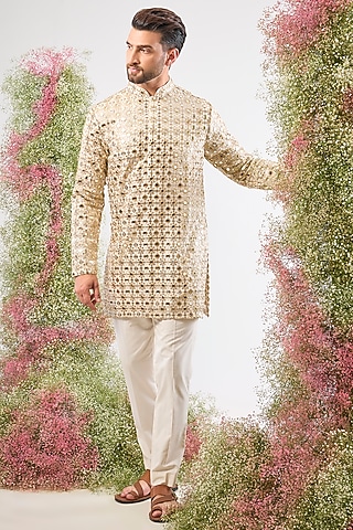 Beige Georgette Mirror Work Short Kurta by Kasbah Clothing