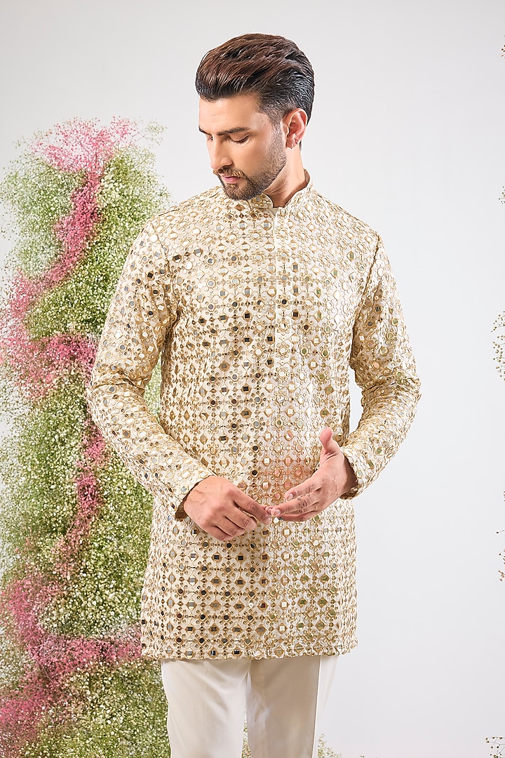 Beige Georgette Mirror Work Short Kurta by Kasbah Clothing at Pernia's Pop Up Shop
