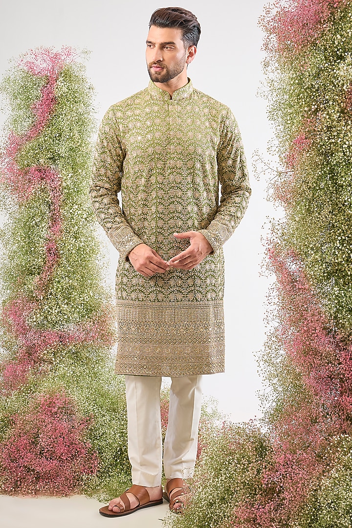 Green Georgette Zari Work Ombre Kurta by Kasbah Clothing at Pernia's Pop Up Shop