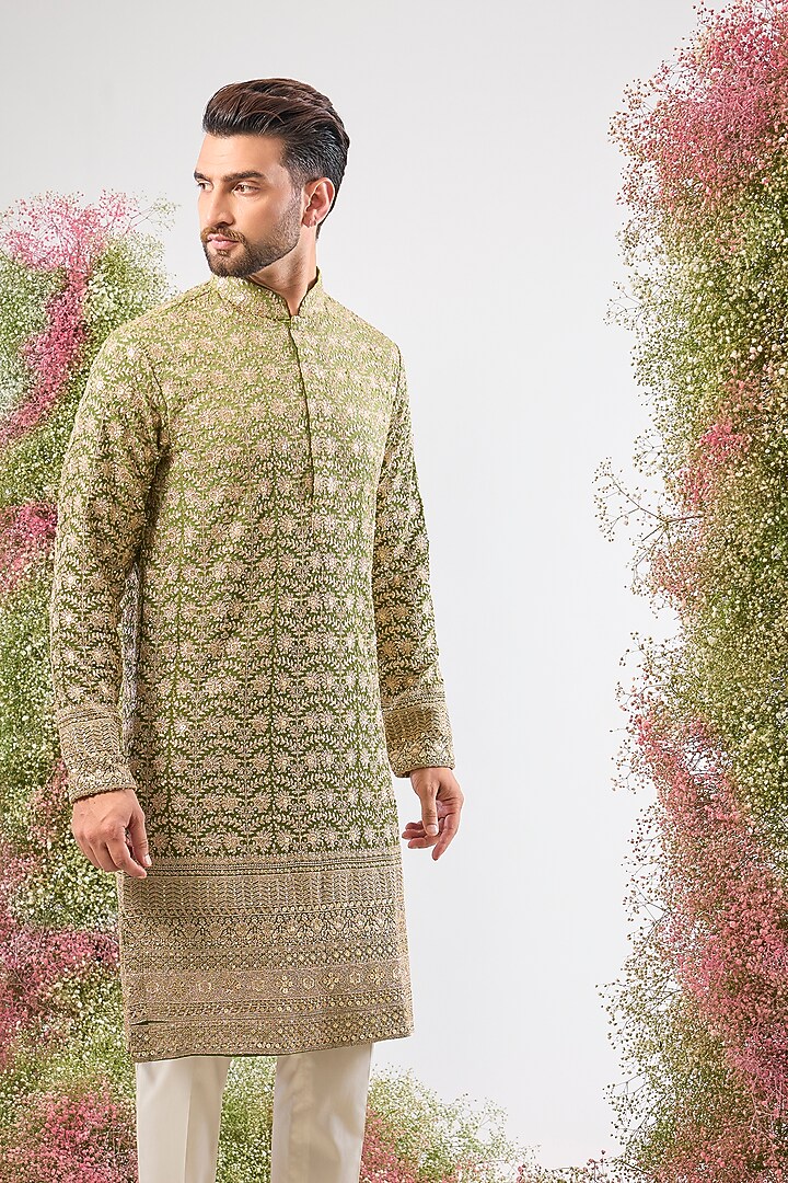 Green Georgette Zari Work Ombre Kurta by Kasbah Clothing at Pernia's Pop Up Shop