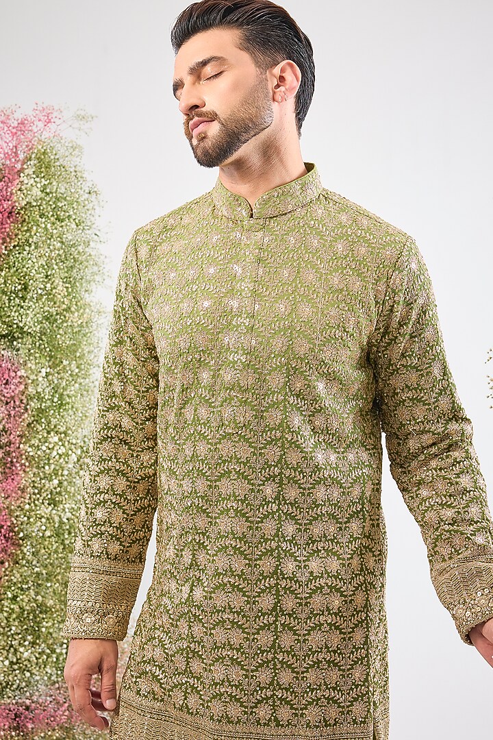 Green Georgette Zari Work Ombre Kurta by Kasbah Clothing at Pernia's Pop Up Shop