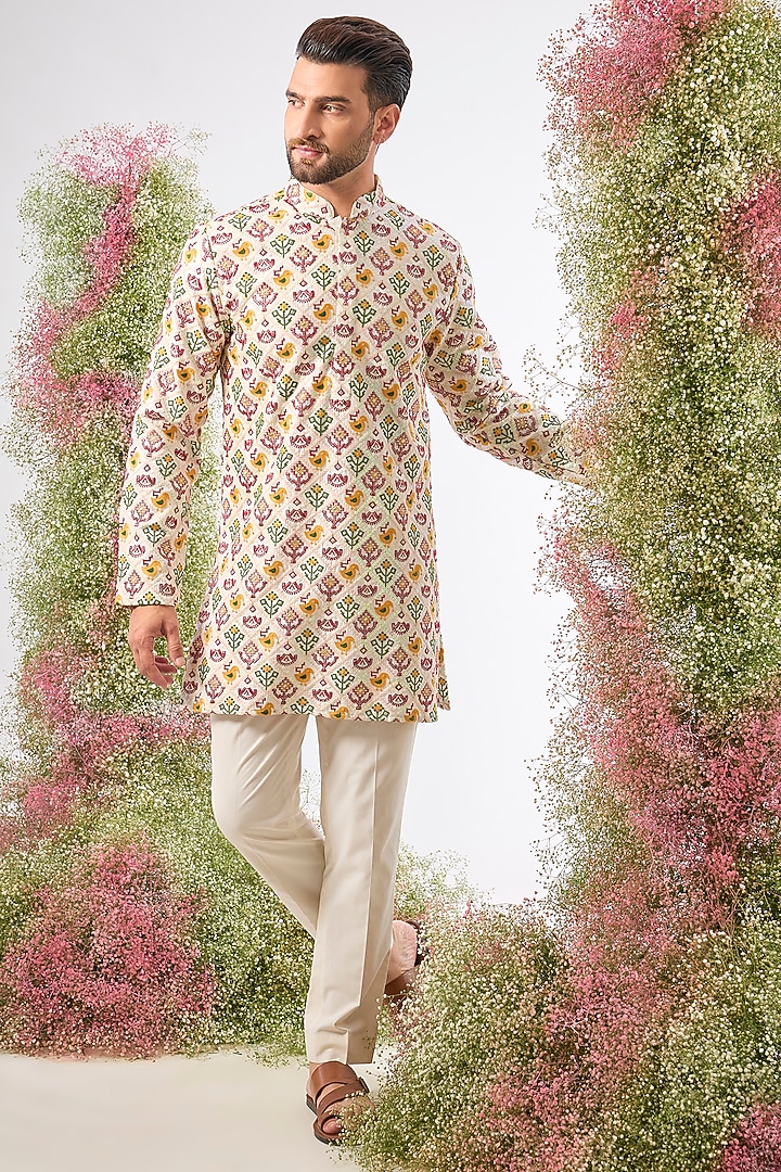 White Silk Floral Embroidered Short Kurta by Kasbah Clothing at Pernia's Pop Up Shop