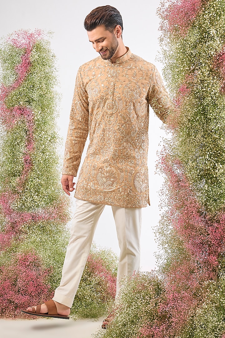 Beige Georgette Sequin & Zari Work Short Kurta by Kasbah Clothing at Pernia's Pop Up Shop