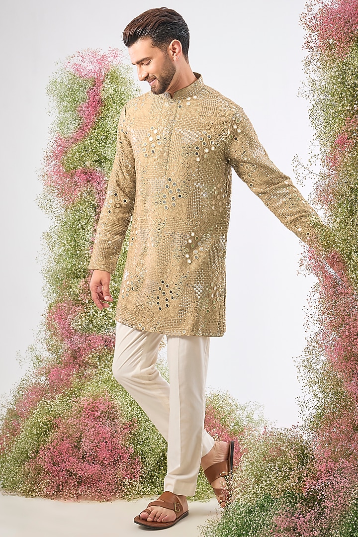 Copper Brown Silk Mirror & Sequin Work Kurta by Kasbah Clothing at Pernia's Pop Up Shop