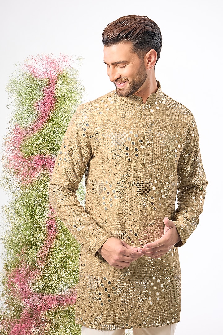 Copper Brown Silk Mirror & Sequin Work Kurta by Kasbah Clothing at Pernia's Pop Up Shop