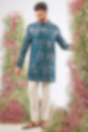 Teal Blue Silk Mirror & Sequin Work Kurta by Kasbah Clothing at Pernia's Pop Up Shop