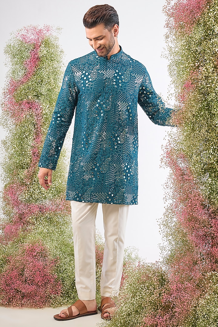 Teal Blue Silk Mirror & Sequin Work Kurta by Kasbah Clothing at Pernia's Pop Up Shop