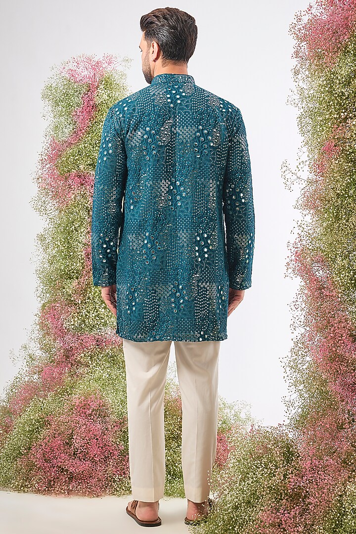 Teal Blue Silk Mirror & Sequin Work Kurta by Kasbah Clothing at Pernia's Pop Up Shop