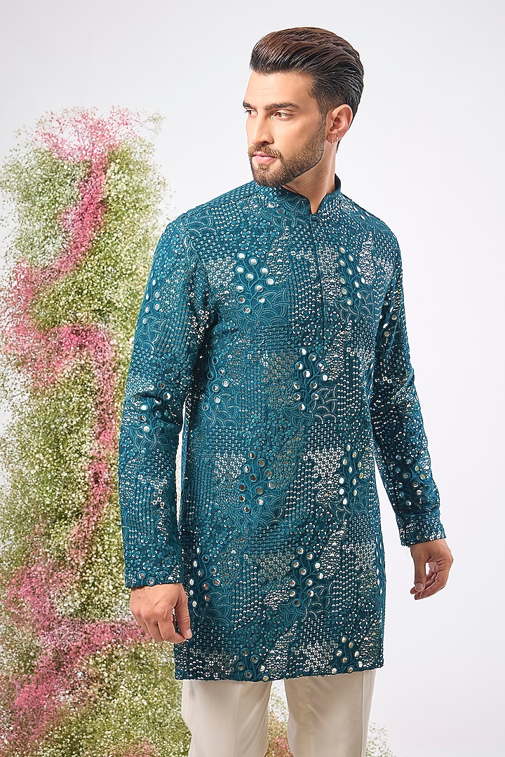 Teal Blue Silk Mirror & Sequin Work Kurta by Kasbah Clothing at Pernia's Pop Up Shop