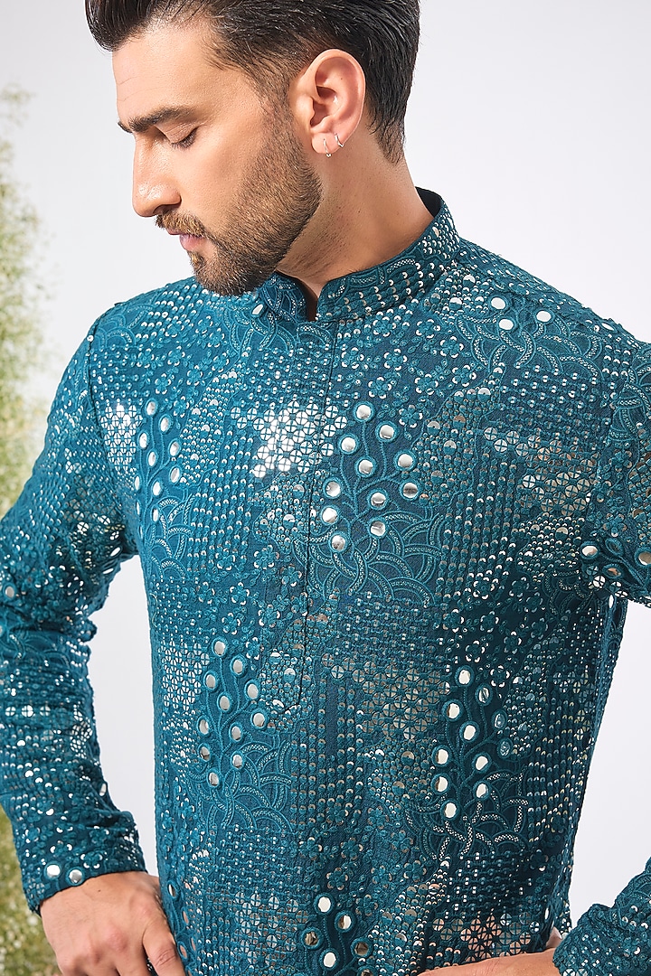 Teal Blue Silk Mirror & Sequin Work Kurta by Kasbah Clothing at Pernia's Pop Up Shop