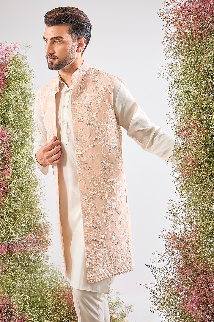 Pink Georgette Cutdana & Sequin Work Jacket by Kasbah Clothing at Pernia's Pop Up Shop