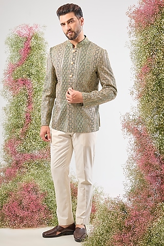 Bottle Green Georgette Zari & Sequin Work Bandhgala by Kasbah Clothing