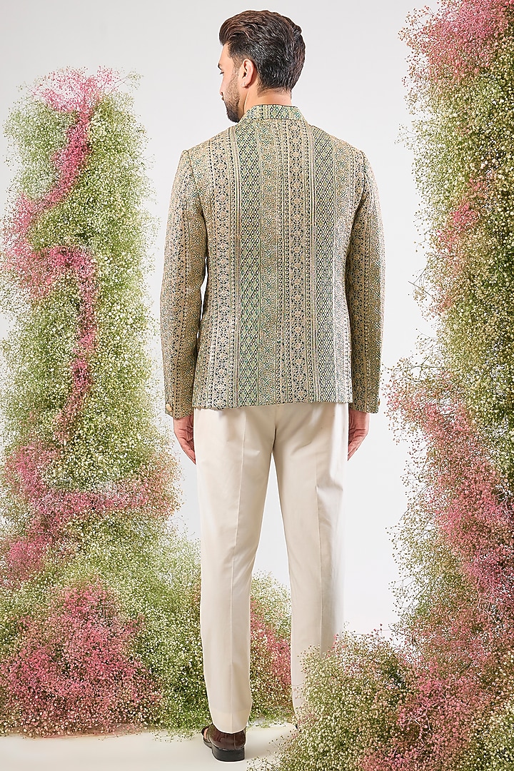 Bottle Green Georgette Zari & Sequin Work Wedding Bandhgala by Kasbah Clothing at Pernia's Pop Up Shop
