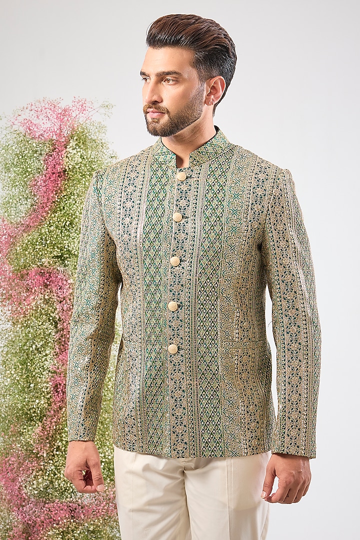 Bottle Green Georgette Zari & Sequin Work Wedding Bandhgala by Kasbah Clothing at Pernia's Pop Up Shop