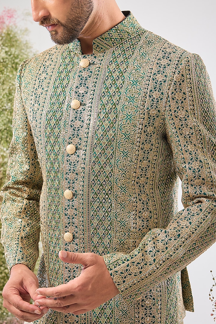 Bottle Green Georgette Zari & Sequin Work Wedding Bandhgala by Kasbah Clothing at Pernia's Pop Up Shop