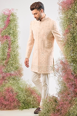 Pink Georgette Sequin Hand Embroidered Sherwani by Kasbah Clothing