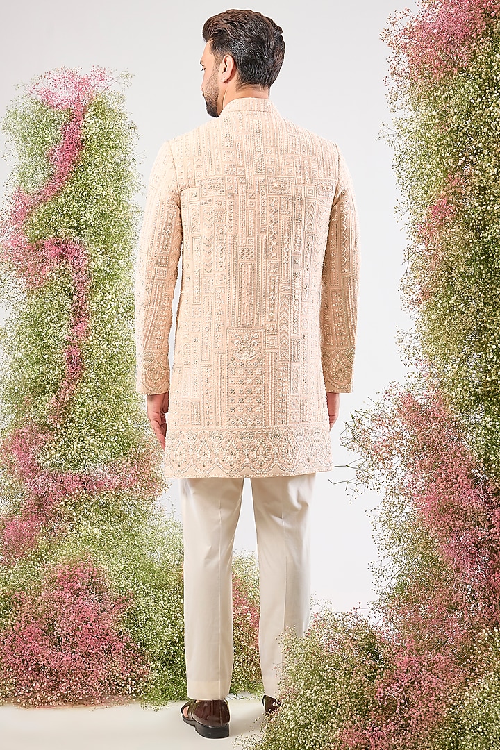 Pink Georgette Sequin Hand Embroidered Wedding Sherwani by Kasbah Clothing at Pernia's Pop Up Shop