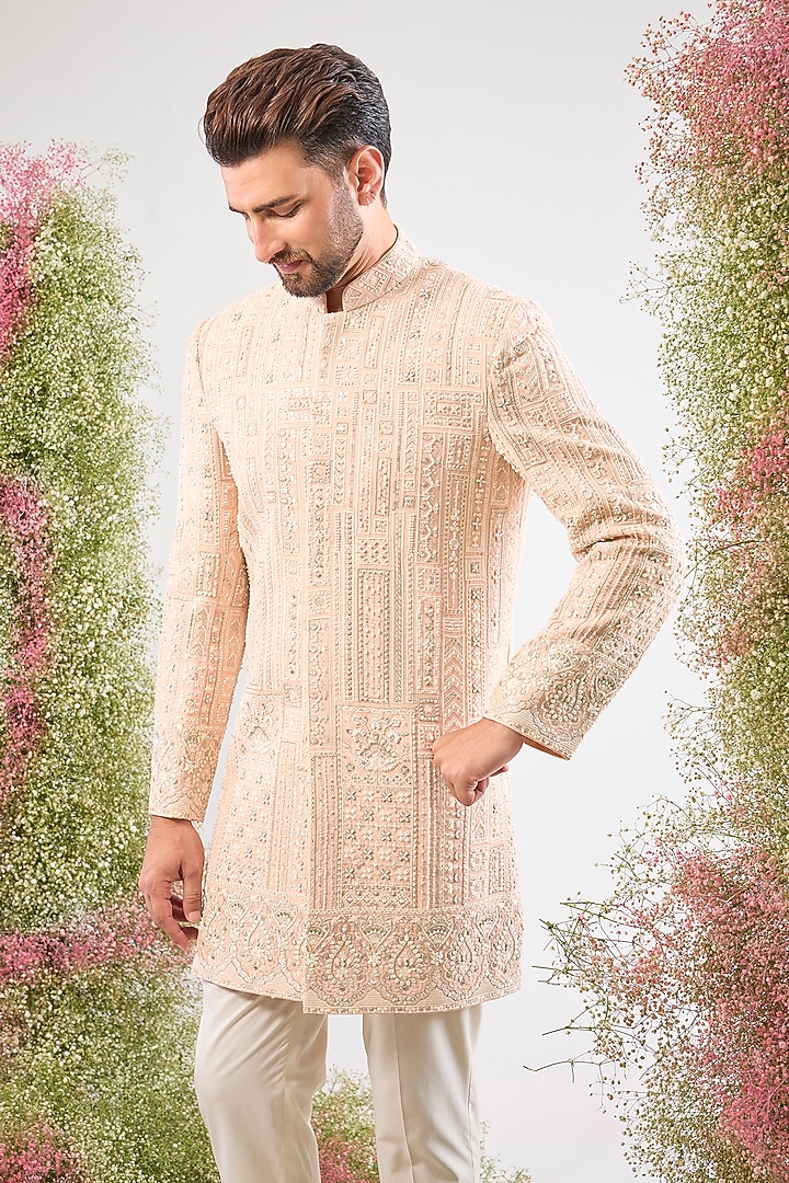 Pink Georgette Sequin Hand Embroidered Wedding Sherwani by Kasbah Clothing at Pernia's Pop Up Shop