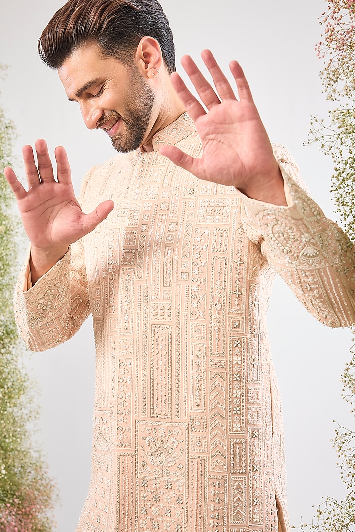Pink Georgette Sequin Hand Embroidered Wedding Sherwani by Kasbah Clothing at Pernia's Pop Up Shop
