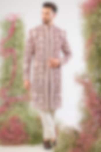 Maroon Velvet Kashmiri Embroidered Wedding Sherwani by Kasbah Clothing at Pernia's Pop Up Shop