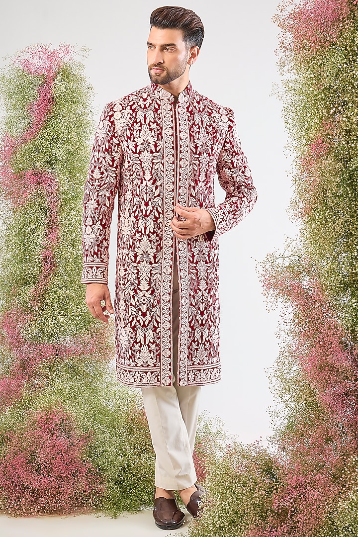 Maroon Velvet Kashmiri Embroidered Wedding Sherwani by Kasbah Clothing at Pernia's Pop Up Shop