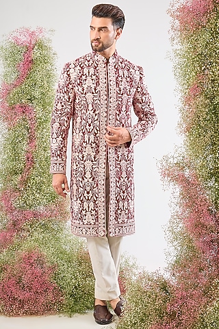 Maroon Velvet Kashmiri Embroidered Sherwani by Kasbah Clothing