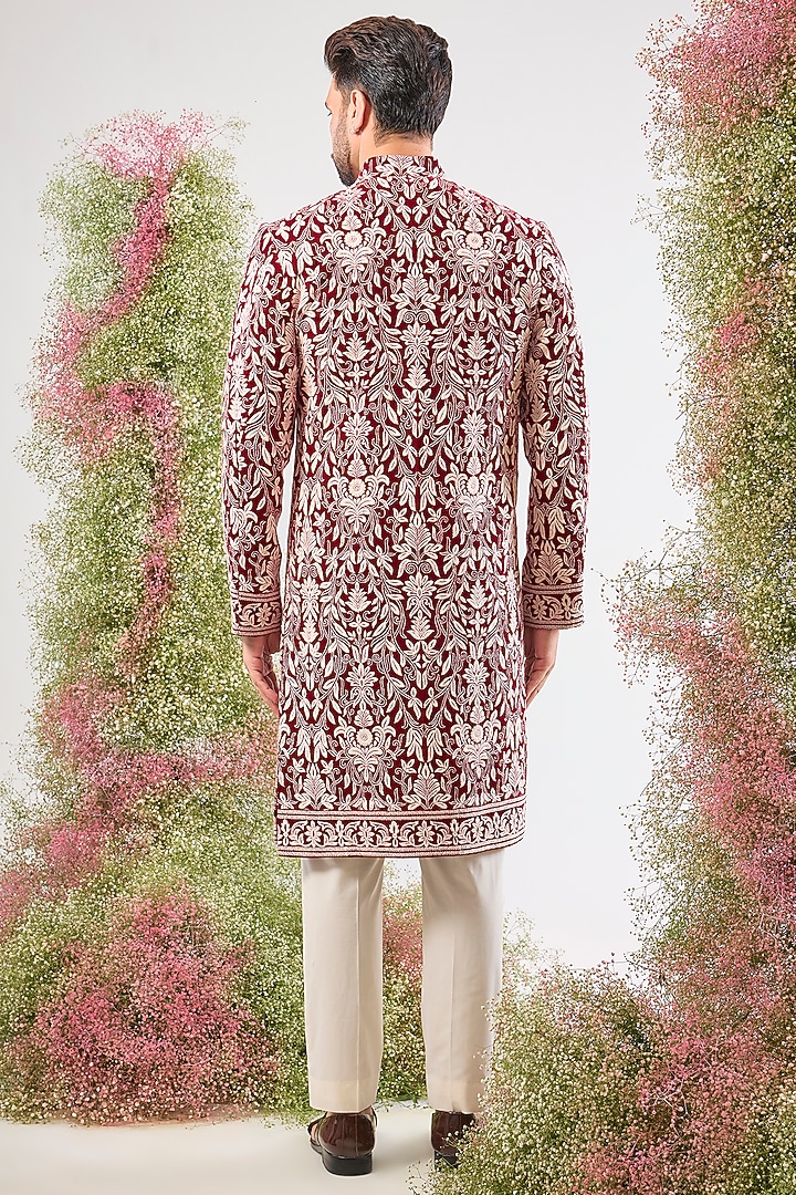 Maroon Velvet Kashmiri Embroidered Wedding Sherwani by Kasbah Clothing at Pernia's Pop Up Shop