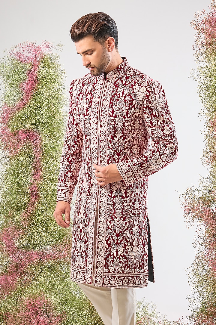 Maroon Velvet Kashmiri Embroidered Wedding Sherwani by Kasbah Clothing at Pernia's Pop Up Shop