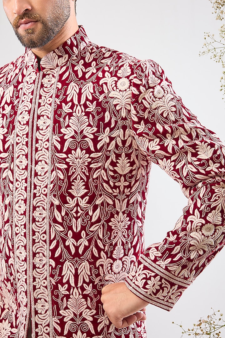 Maroon Velvet Kashmiri Embroidered Wedding Sherwani by Kasbah Clothing at Pernia's Pop Up Shop