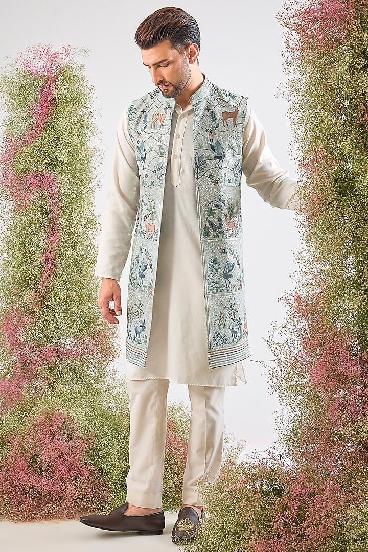 Blue Georgette Floral & Sequin Work Jacket by Kasbah Clothing at Pernia's Pop Up Shop